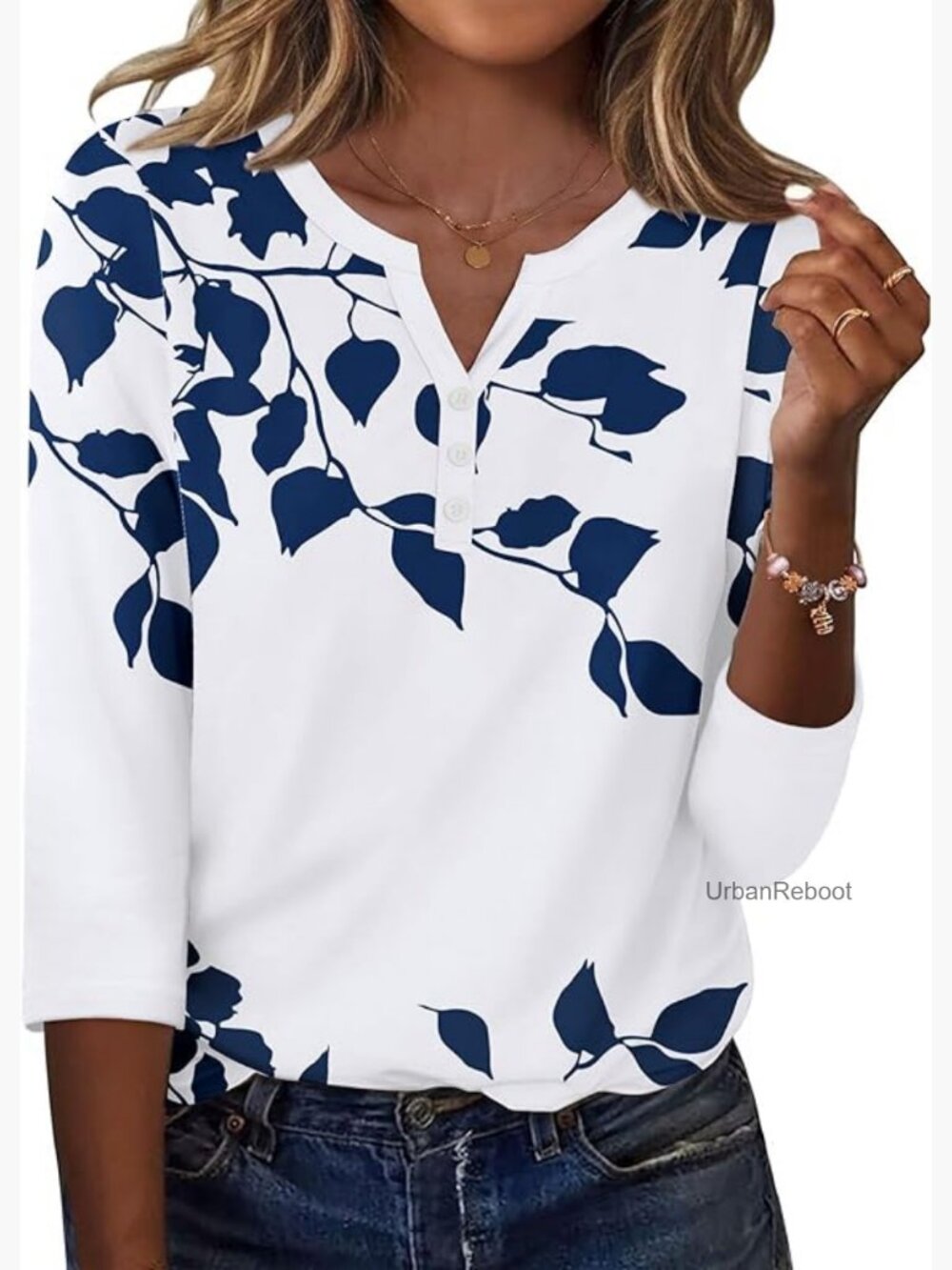 3/4 Sleeve Henley Neck Blouse Floral Print Soft Tunic Top